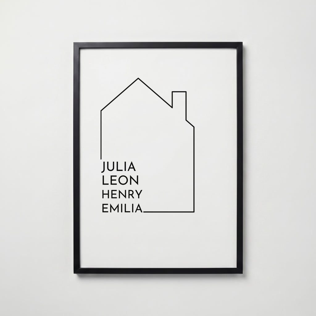 Personlig poster hus med familjens namn i svart ram
