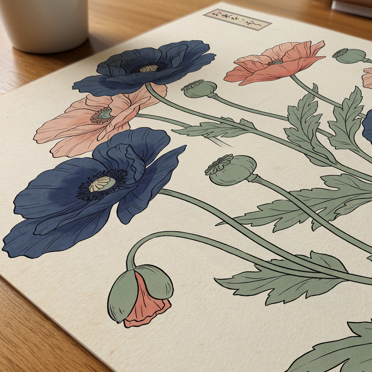 Indigo Poppies Poster – närbild på papper