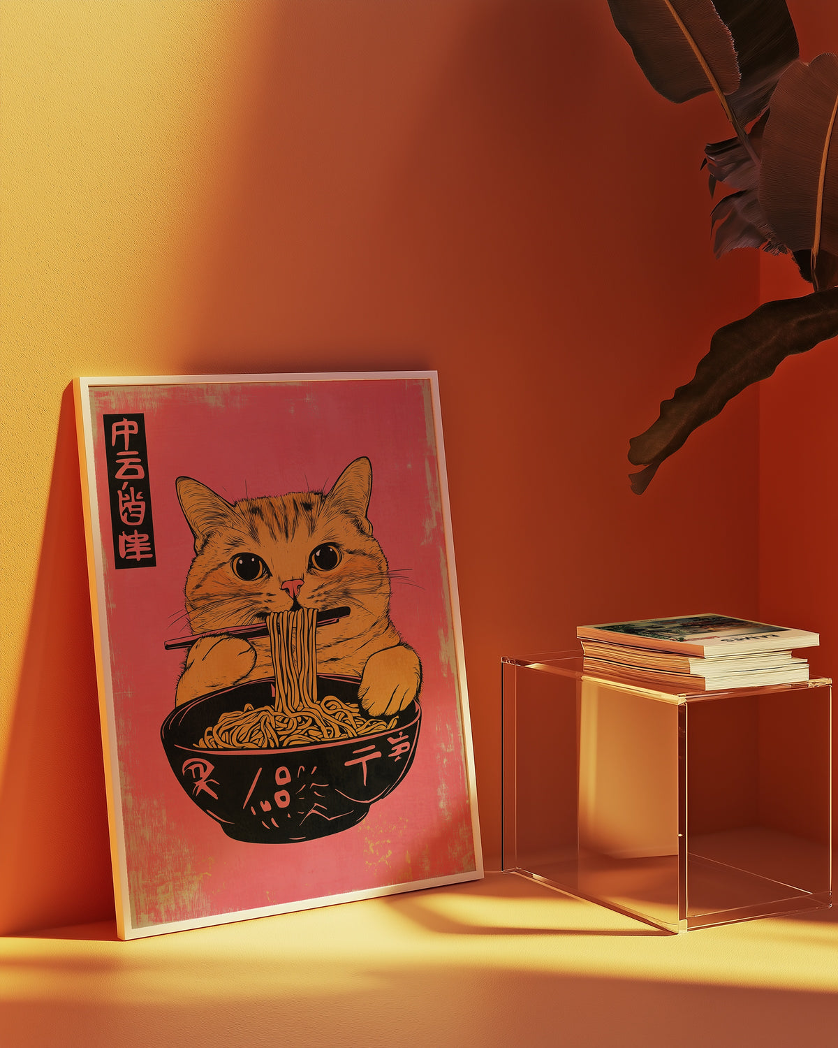 Yellow Cat Eats Noodle poster i ram i stilrent rum – Bozetto