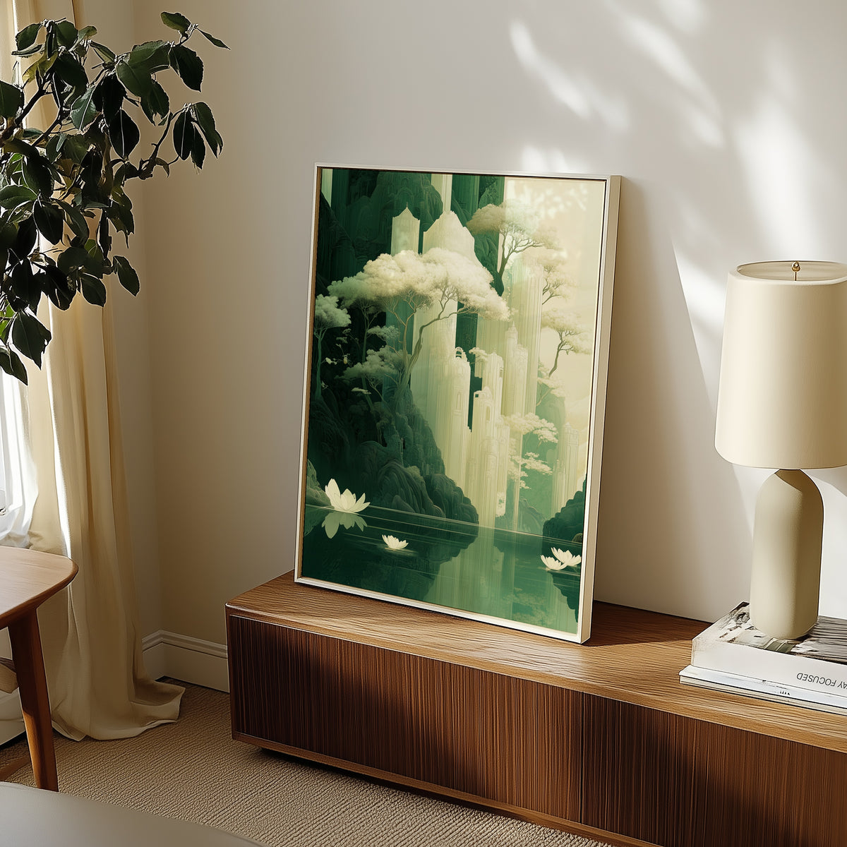 Serenity of the Forgotten Peaks poster i stilren interiör – Bozetto