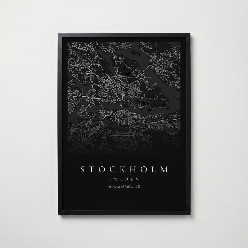 Mörk personlig stadskarta i svart ram