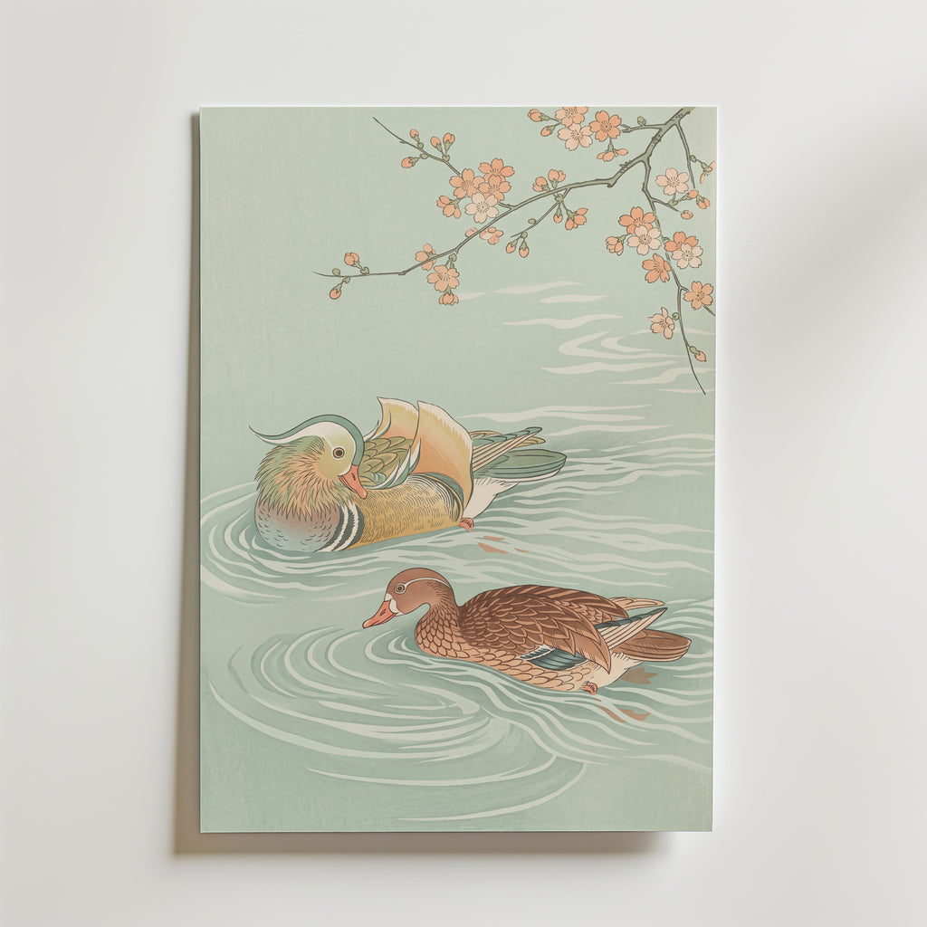 Spring Waters Poster – japanskt träsnitt med två mandarinänder och blommande gren i celadon och persika som canvastavla, tryckt i Sverige