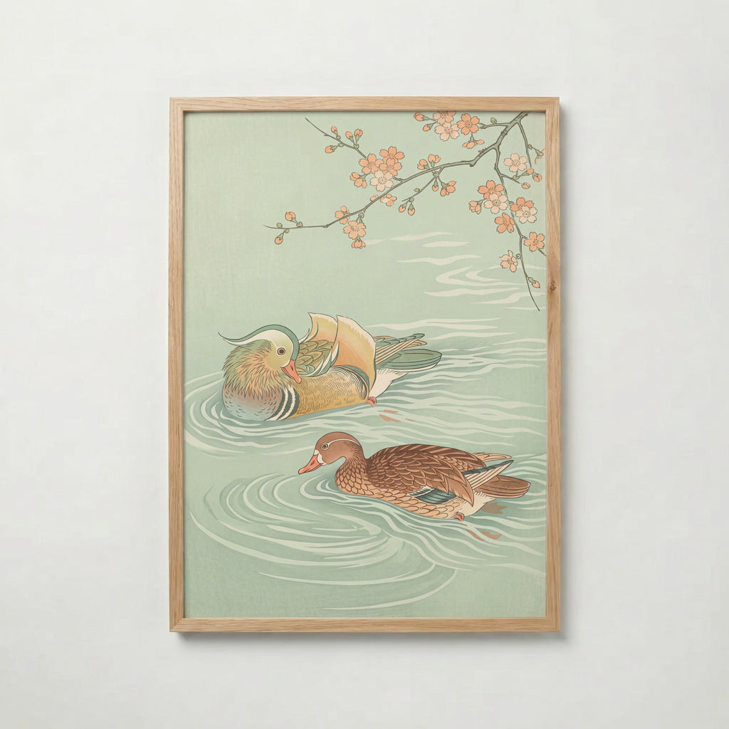 Spring Waters Poster – japanskt träsnitt med två mandarinänder och blommande gren i celadon och persika i ekram, tryckt i Sverige
