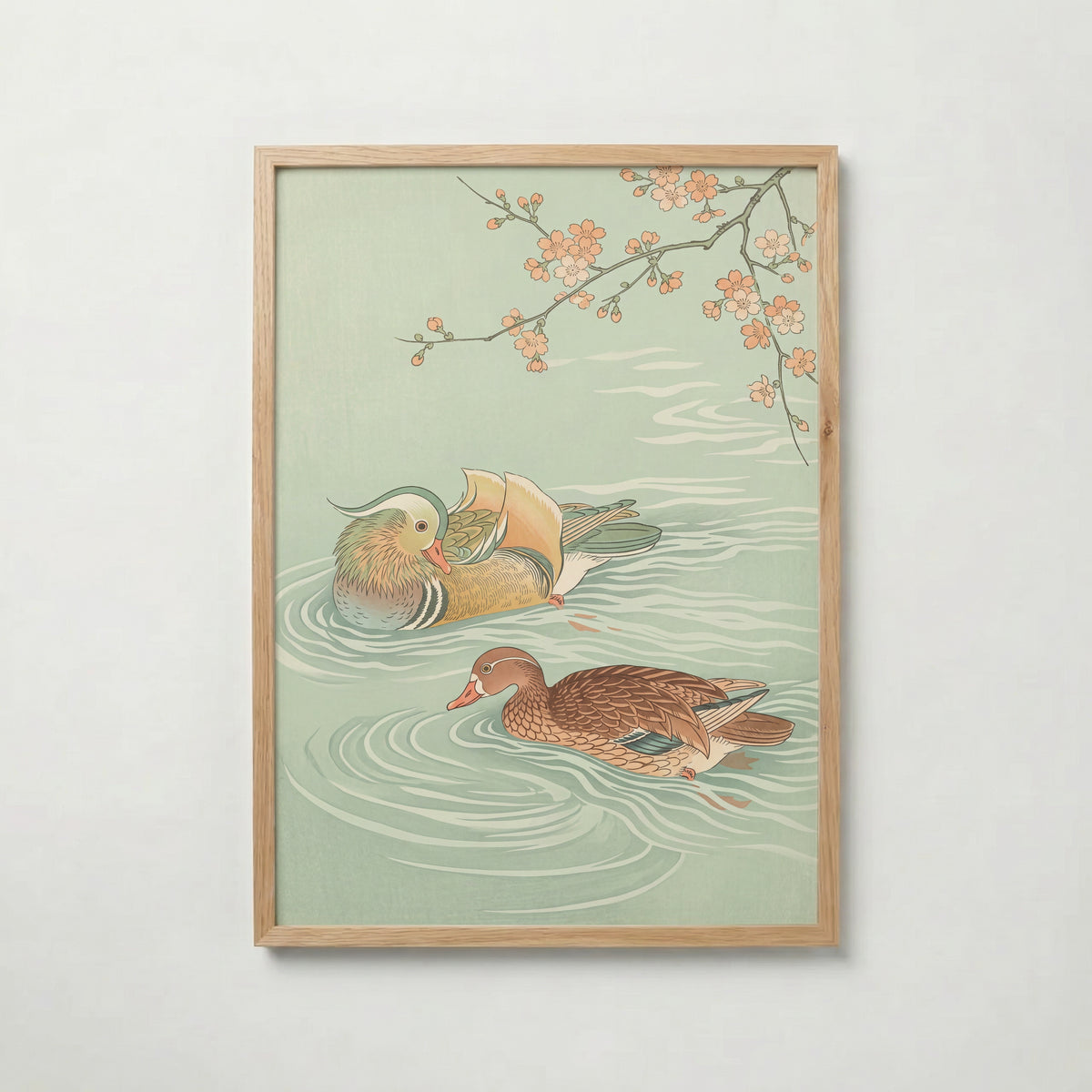 Spring Waters Poster – japanskt träsnitt med två mandarinänder och blommande gren i celadon och persika i ekram, tryckt i Sverige
