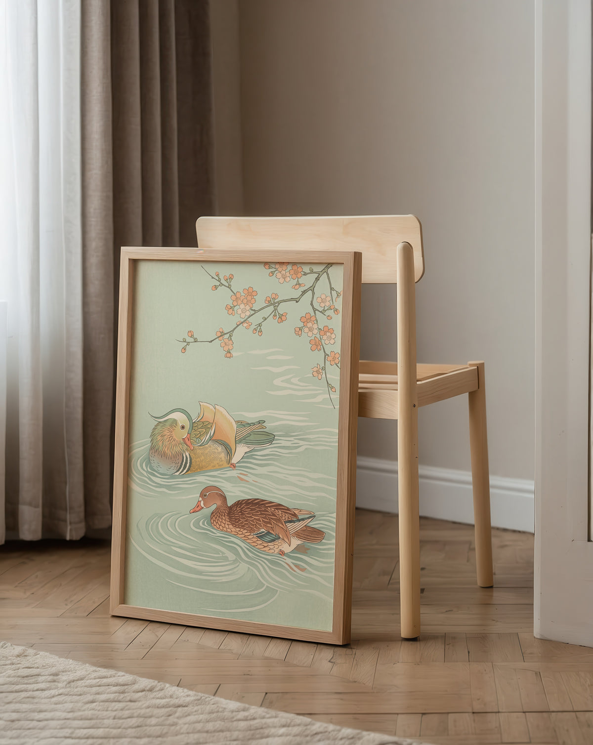 Spring Waters Poster – japanskt träsnitt med två mandarinänder och blommande gren i celadon och persika i ramad miljö i ljust vardagsrum, väggkonst från Bozetto