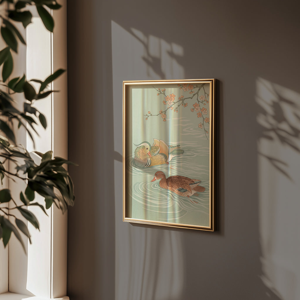 Spring Waters Poster – japanskt träsnitt med två mandarinänder och blommande gren i celadon och persika som blickfång ovanför möbel, konsttryck från Bozetto