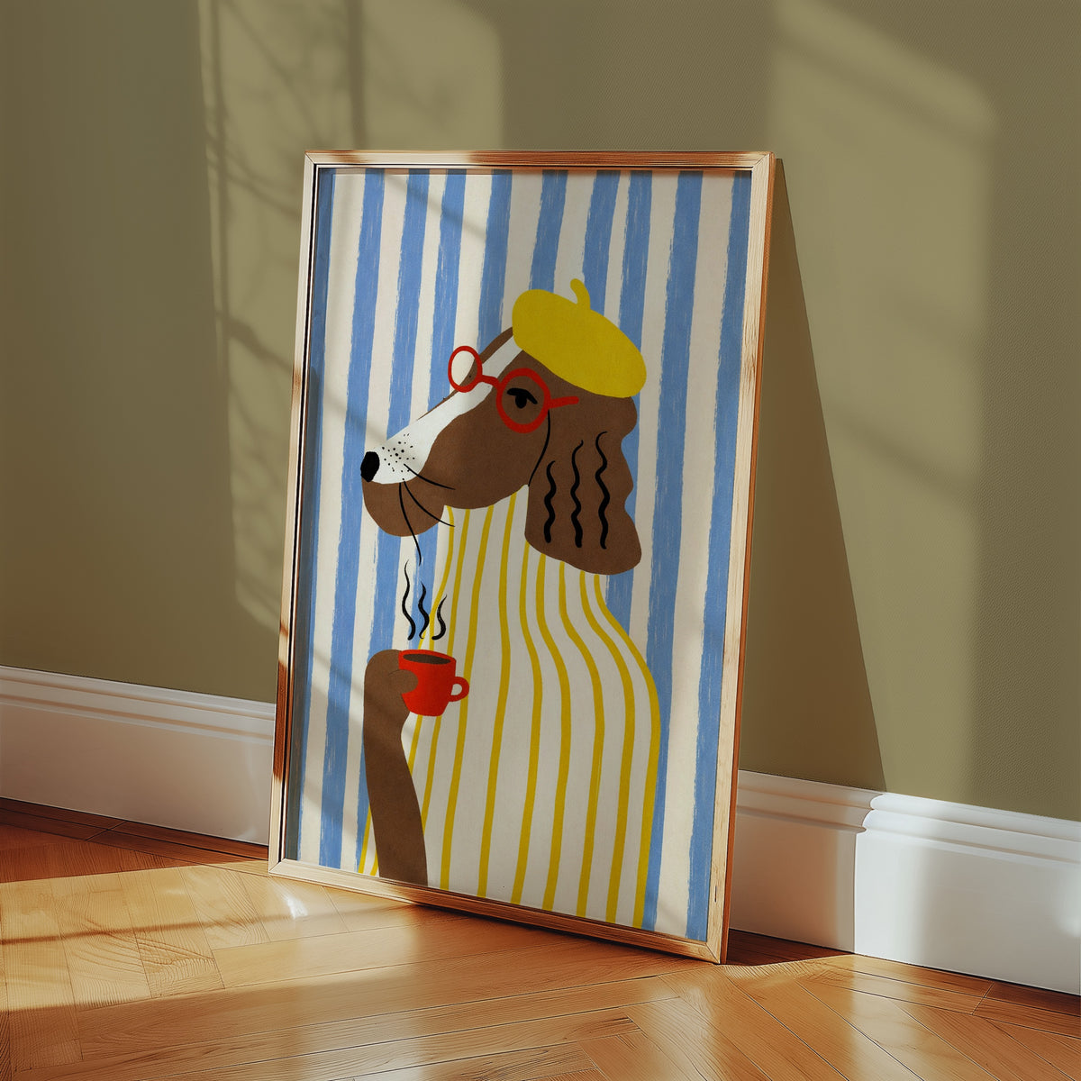 Sunny Café Dog affisch i stilfull rumsmiljö – Bozetto poster i hög kvalitet