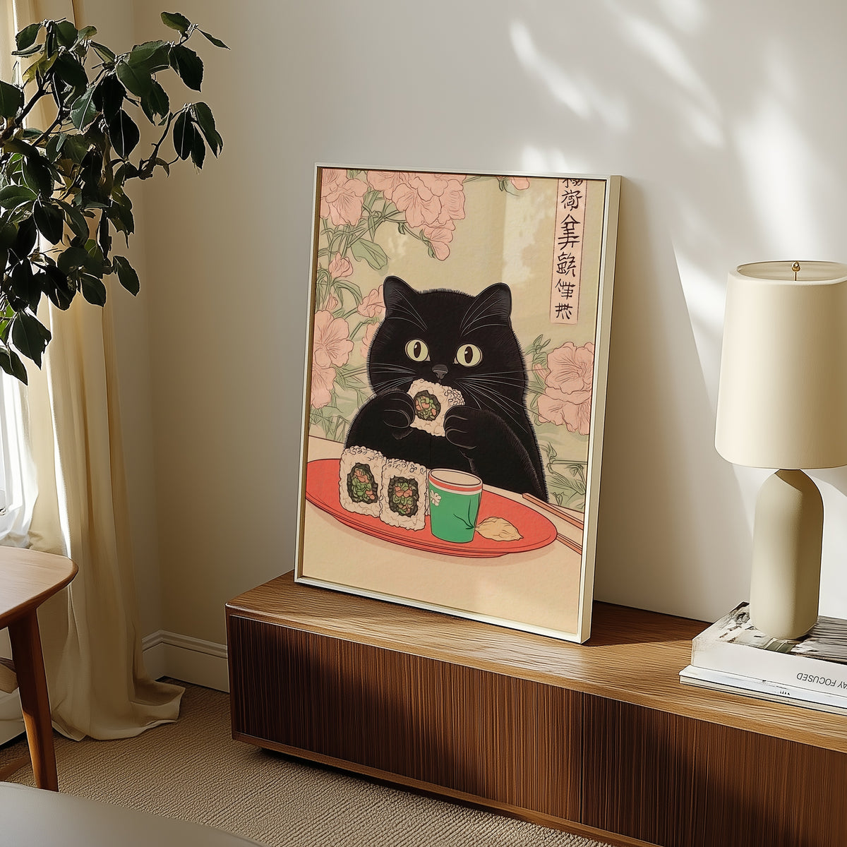 Sushi Cat poster i stilren inredning – konsttryck från Bozetto i hög kvalitet