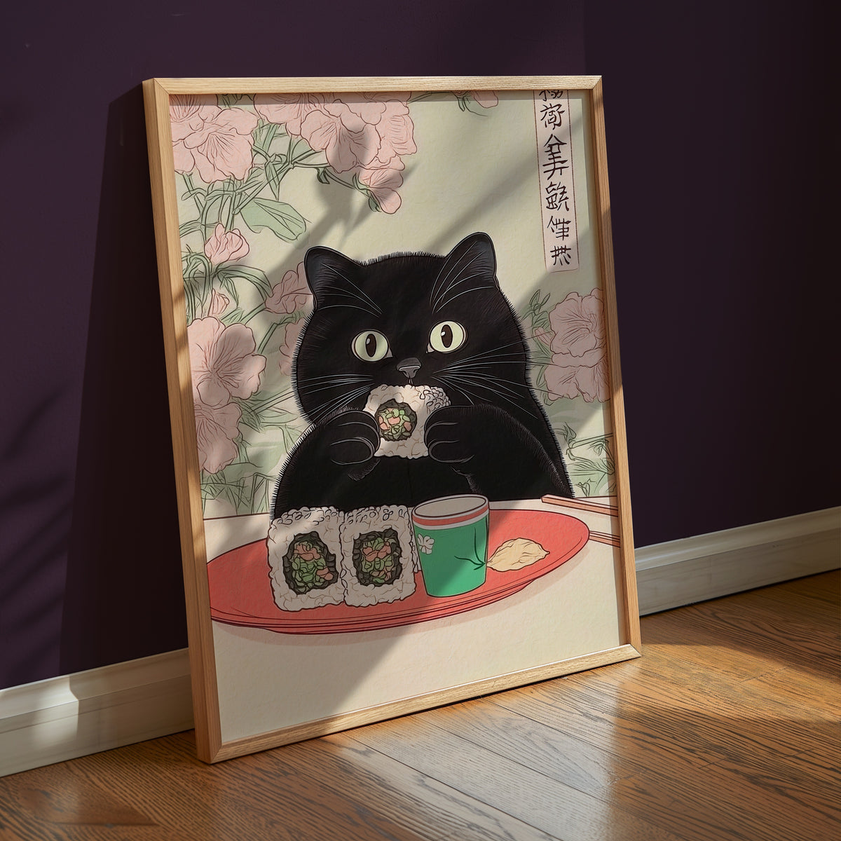 Sushi Cat poster i modern rumsmiljö – konsttryck från Bozetto i hög kvalitet