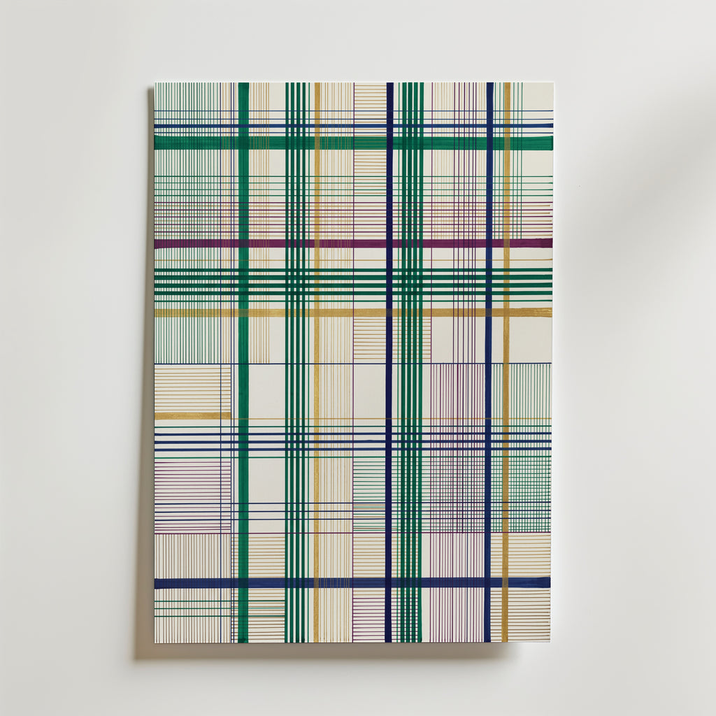 Threaded Grid Poster – fint linjerutnät i smaragd, marinblått, plommon och guld på elfenben som canvastavla, tryckt i Sverige