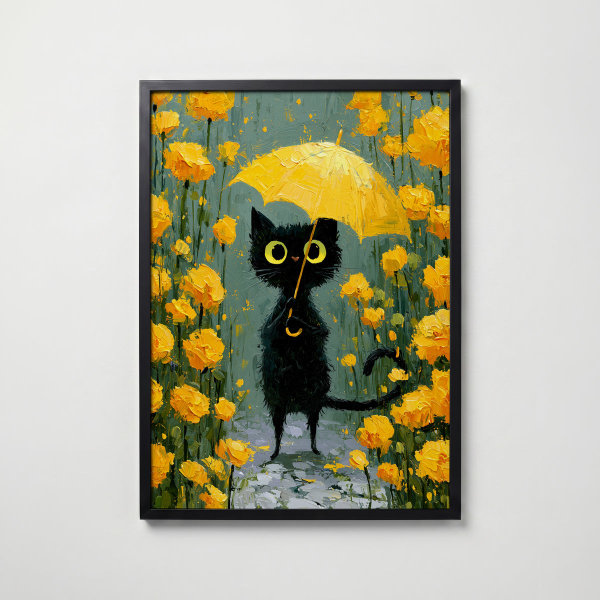 Umbrella Cat in Yellow Garden Poster i svart ram fran Bozetto