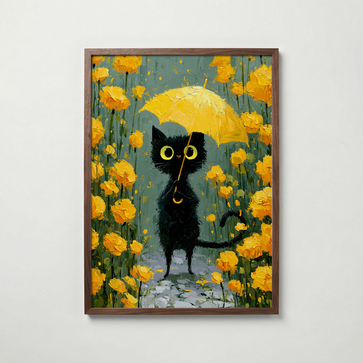 Umbrella Cat in Yellow Garden Poster i valnotsram fran Bozetto