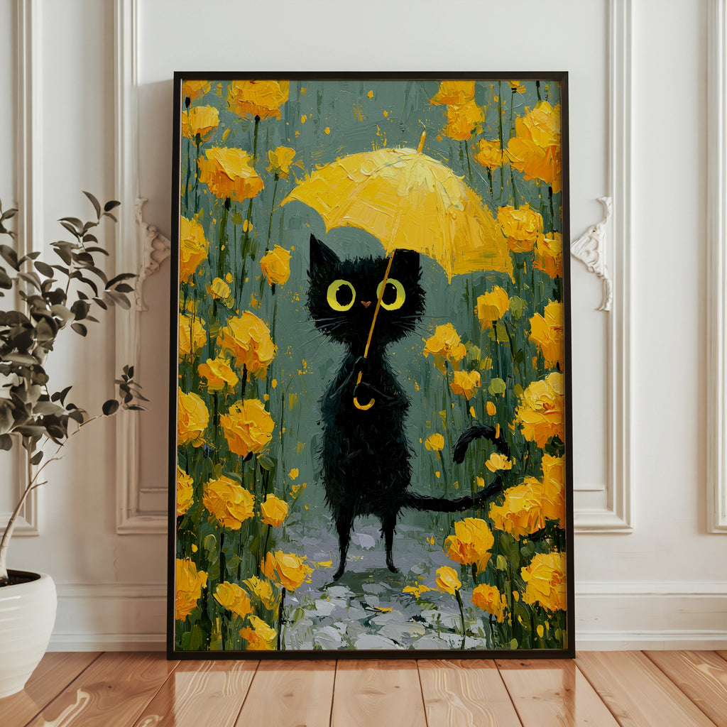 Umbrella Cat in Yellow Garden Poster inramad pa en vagg i ett ljust vardagsrum