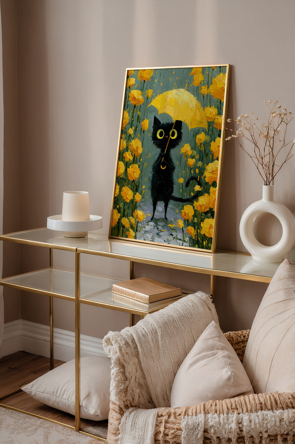 Umbrella Cat in Yellow Garden Poster pa vaggen i ett modernt hem
