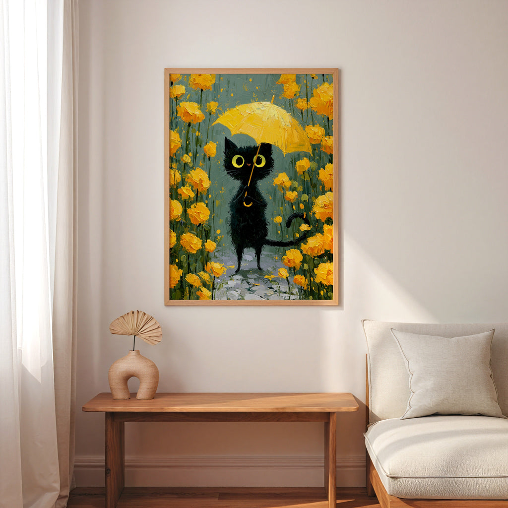 Umbrella Cat in Yellow Garden Poster i en inredd rumsmiljo