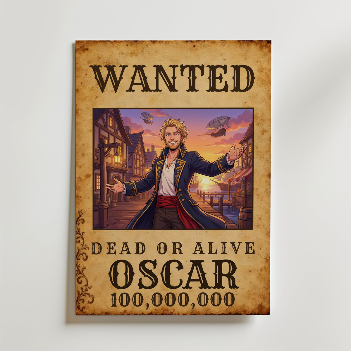 Personlig WANTED-animeposter med namn och belöning
