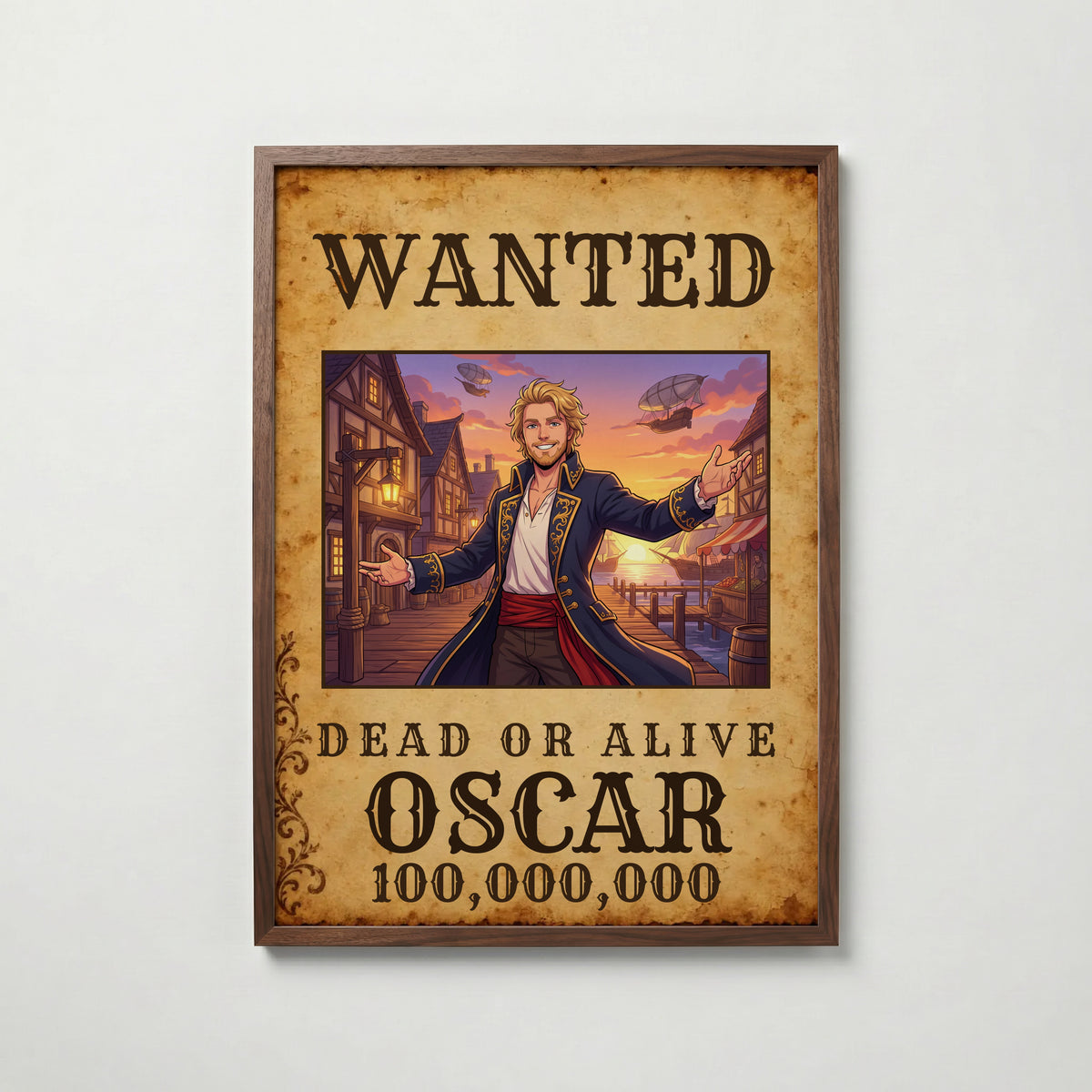 WANTED-animeposter i valnötsram